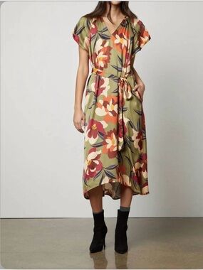 Velvet by Graham & Spencer Olive Floral V-Neck Tie-Waist Midi Dress